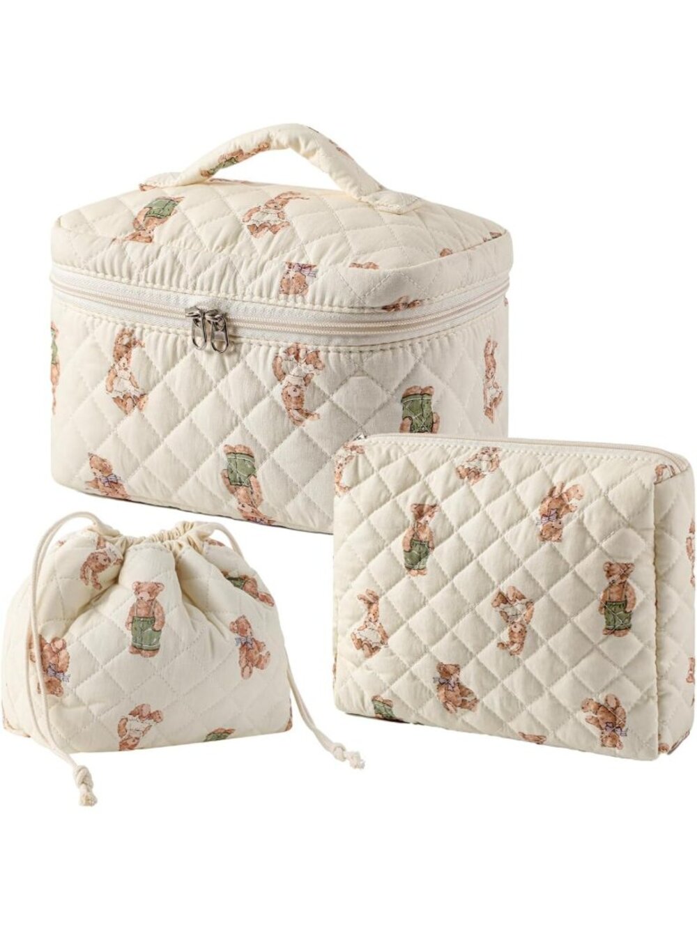 3-Piece Large Cotton Quilted Makeup Bag Set - Cute Travel Toiletry & Gift Bags